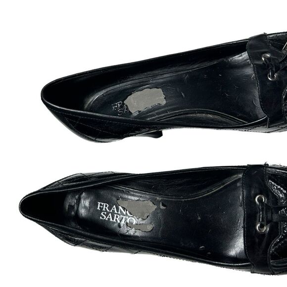 Franco Sarto Leather Quilted Black Heels Shiny Closed Toe 3 inch Heel Tassel - Picture 4 of 10